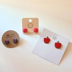 Assorted Pink & Red  Button & Apple Earrings Lot of 3